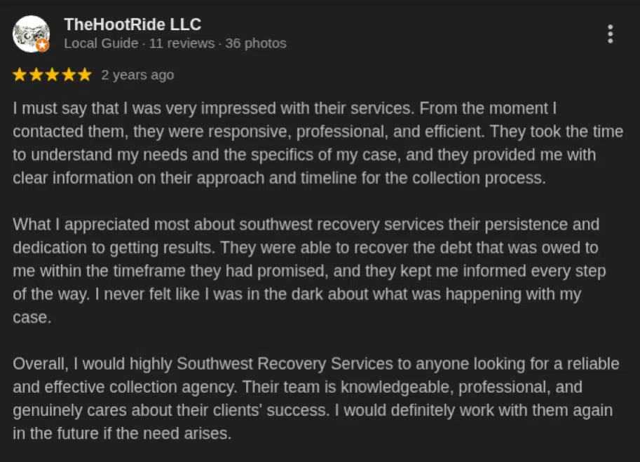 Debt Collection Agency in Frisco, TX: Top Companies, Cost & Reviews 4 Screenshot of a 5-star Google review praising our professional collection services.