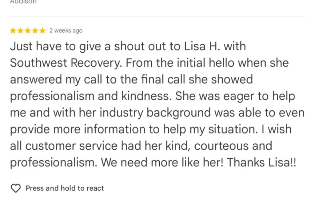 B2B Debt Collection in Sugar Land, TX: Best Companies, Cost & Reviews 4 Five-star review praising Lisa H. at Southwest Recovery for her professionalism, kindness, and helpful customer service.