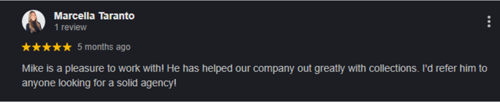 Collection Agency in Hurst, TX: Best Companies, Price & Reviews 4 Five-star Google review from Marcella Taranto speaking about Mike at Miller, Ross & Goldman and their commercial collection support.