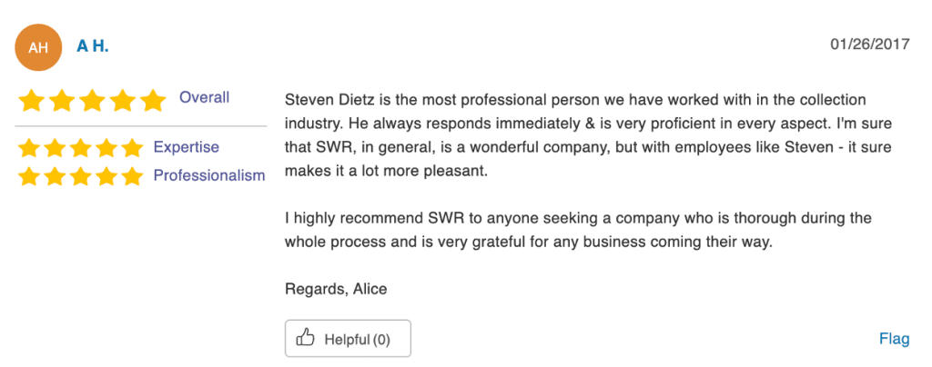 Collection Agency in Texarkana, TX: Cost, Reviews & Best Companies 4 Five-star customer review from A.H. praising Steven Dietz's professionalism and responsiveness in the collections industry.