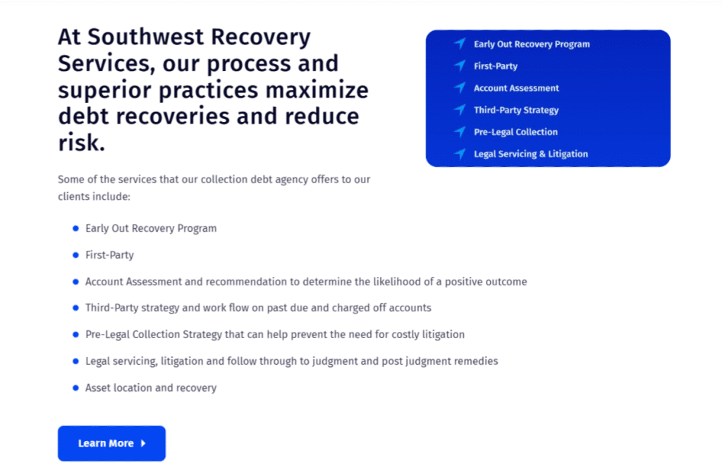 Debt Collection Agency in Conroe, TX: Cost, Reviews & Best Companies 8 Southwest Recovery Services promotional banner.