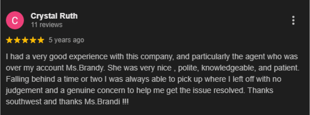 3 Best Collection Agencies for Construction Contractors: Cost & Reviews 3 A 5-star Google review from Crystal Ruth, praising Southwest Recovery Services for a positive debt resolution experience