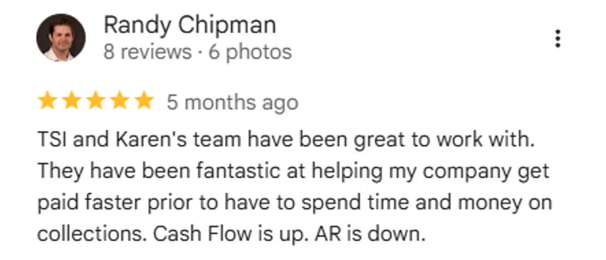 3 Best Collection Agencies for Utility Providers: Cost & Reviews 6 5-star Google review of Transworld Systems Inc. from a satisfied business client highlighting the agency's effectiveness in speeding up payments