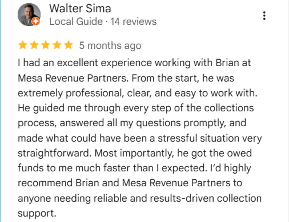 3 Best Collection Agencies for Roofing Companies: Cost & Reviews 6 A five-star Google review from a satisfied Mesa Revenue Partners client