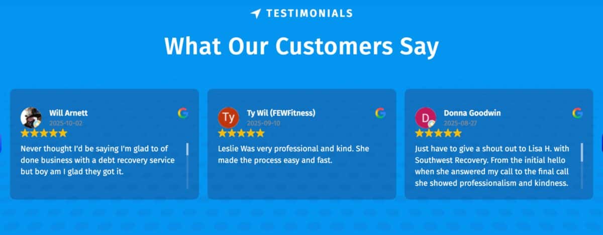 Accounts Receivable Risk Management: Examples & Solutions 5 Southwest Recovery Services client testimonials.