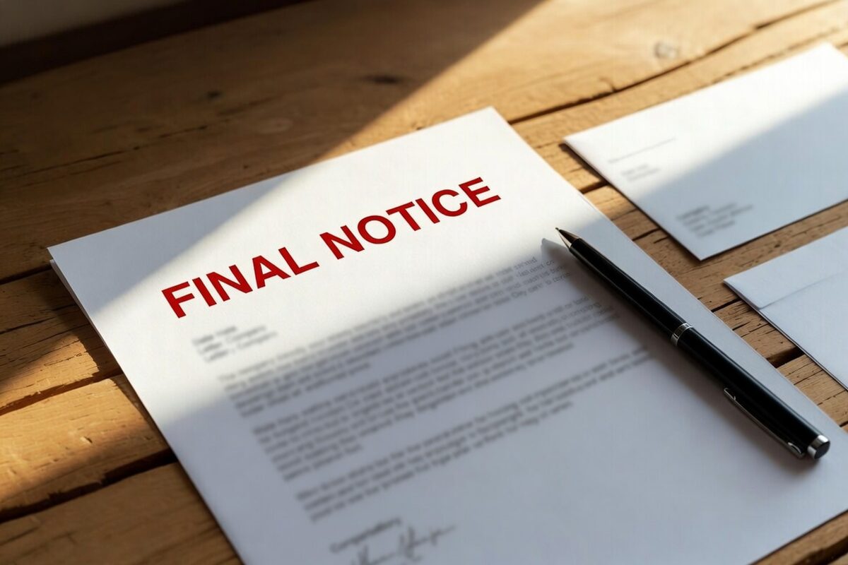 Final Demand Letter Before Legal Action: Samples, Timing & Options 3 Close-up of a formal business letter marked "Final Notice" on a desk beside a pen and envelope.