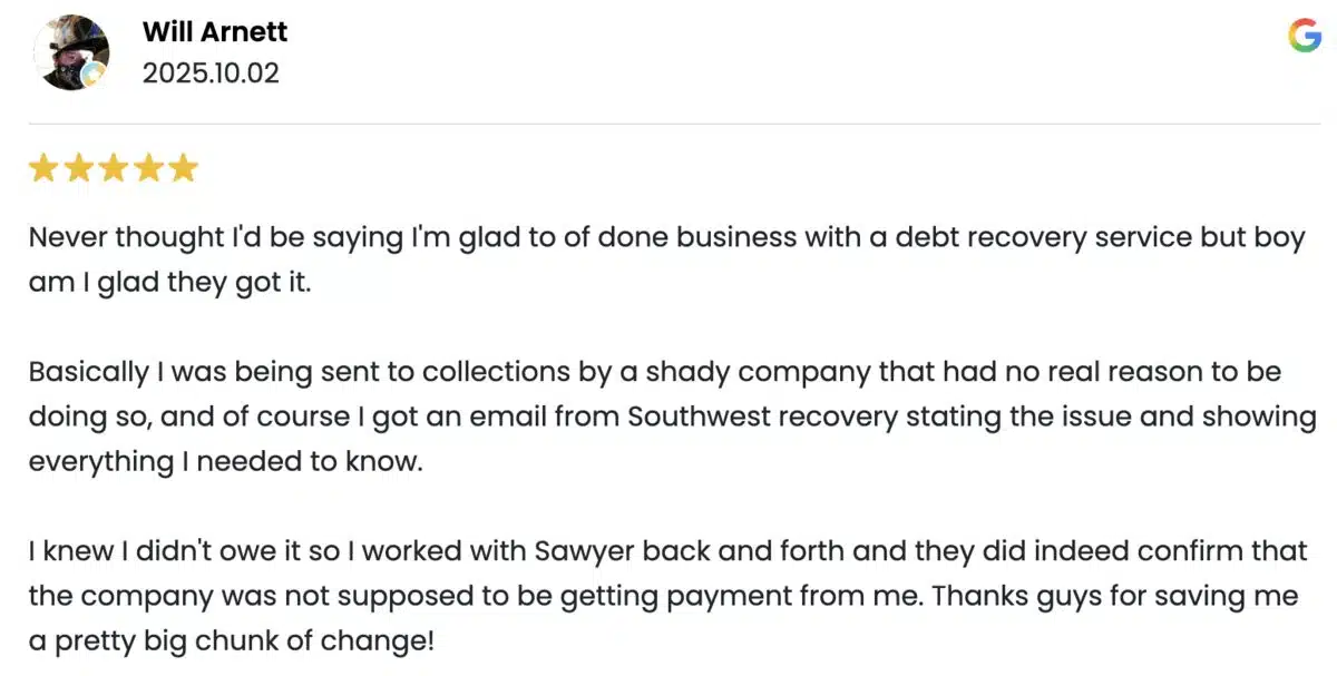 3 Best Collection Agencies in Pembroke Pines, FL Compared 4 Five-star Google review praising Southwest Recovery Services' honest debt dispute resolution