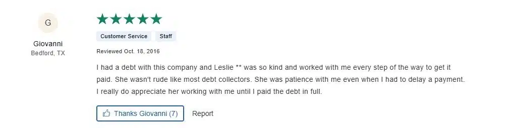 3 Best Collection Agencies in Sandy Springs, GA: Cost & Reviews 4 Five-star review praising a debt collector for her patience and kindness.