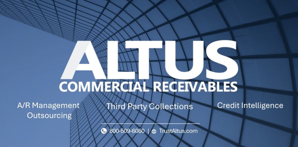 3 Best Collection Agencies in Sandy Springs, GA: Cost & Reviews 7 Altus Commercial Receivables logo banner listing its three core services against a blue glass building backdrop.